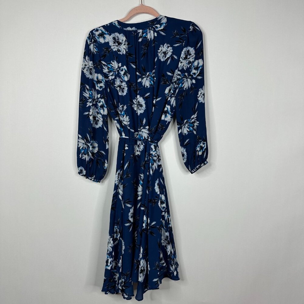 White House Black Market Floral Print Faux Wrap Dress Long Sleeve Navy 10 #A1400 - Picture 3 of 8